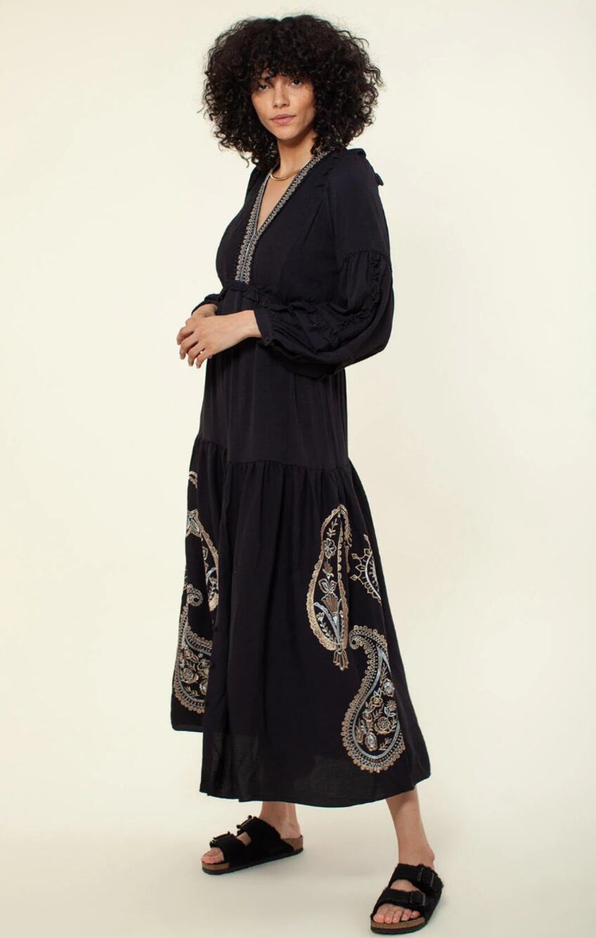 Hale Bob JOSEPHINE Embroidered Gold Silver Paisley Maxi Dress Black S NWT $458